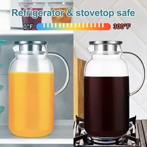 Glass Pitcher - Water Pitcher - Fridge Glass Pitcher with Lid Ice Tea Maker - 86OZ 18/8 Stainless Steel - Easy Clean Heat Resistant Borosilicate Glass Jug for Juice,Milk, Cold or Hot Beverages…