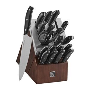 henckels definition 20-piece self-sharpening knife block set for paring, boning, santoku, chefs, carving, kitchen shears, german engineered informed by 100+ years of mastery, brown, black, silver