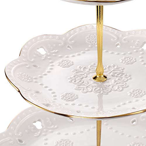 BonNoces 3-Tier Porcelain Embossed Cupcake Stand - Pure White Rimmed with Gold Dessert Cake Stand - Pastry Serving Tray Platter for Tea Party, Wedding and Birthday