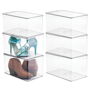 mdesign stackable plastic closet storage container bin box with hinge lid for organizing shoes, booties, pumps, sandals, wedges, flats, heels - lumiere collection - 6 pack - clear