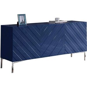 meridian furniture collette collection modern | contemporary sideboard buffet, rich chrome stainless steel base, navy laquer finish, 64" w x 18" d x 31" h, cabinet