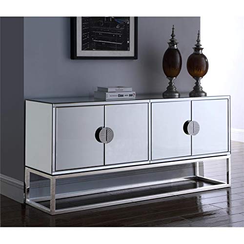 Meridian Furniture Marbella Collection Modern | Contemporary Mirrored Sideboard Buffet, Polished Chrome Stainless Steel Base, 64" W x 16" D x 31" H, Cabinet