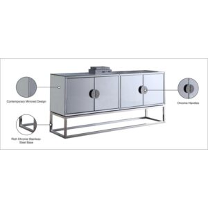 Meridian Furniture Marbella Collection Modern | Contemporary Mirrored Sideboard Buffet, Polished Chrome Stainless Steel Base, 64" W x 16" D x 31" H, Cabinet