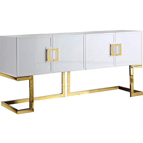 Meridian Furniture Beth Collection Modern | Contemporary Sideboard Buffet, Rich Gold Stainless Steel Base, White Laquer Finish, 64" W x 18" D x 31" H, Cabinet