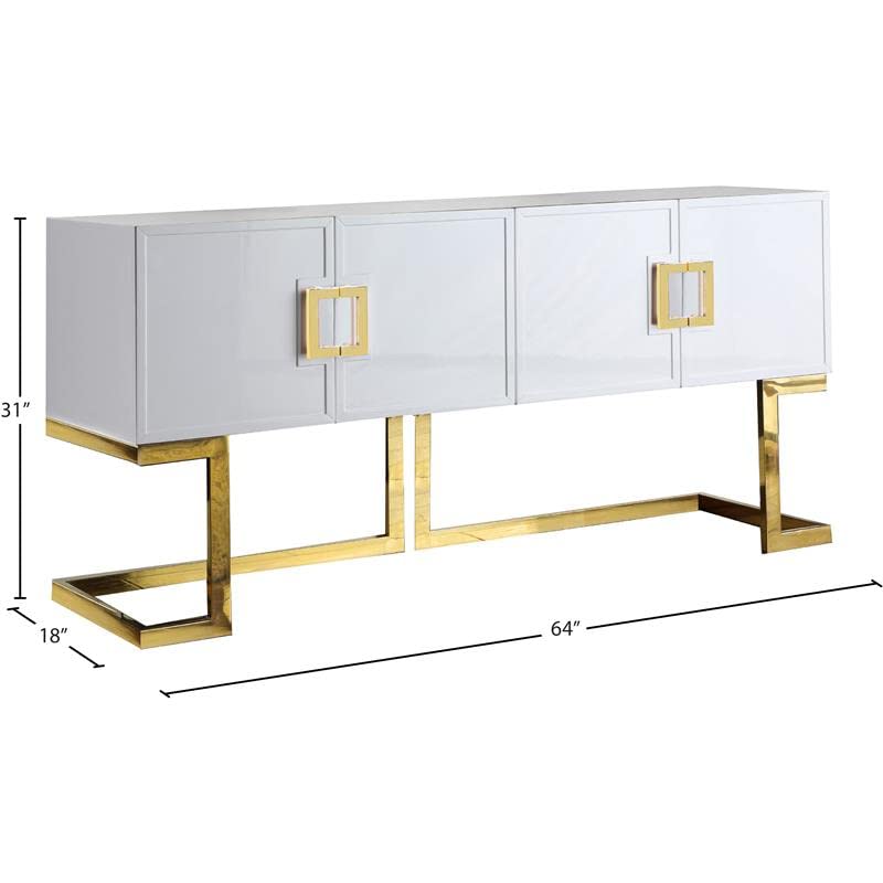 Meridian Furniture Beth Collection Modern | Contemporary Sideboard Buffet, Rich Gold Stainless Steel Base, White Laquer Finish, 64" W x 18" D x 31" H, Cabinet