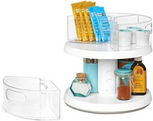 youcopia crazy susan two tier turntable, divided lazy susan organizer with 3 clear bins for cabinet and pantry storage