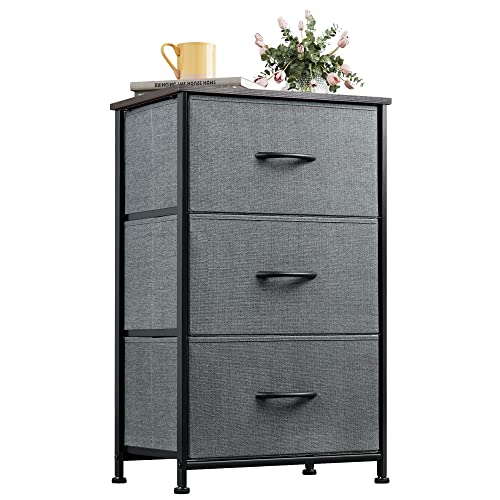 WLIVE Dresser with 3 Drawers, Fabric Nightstand, Organizer Unit, Storage Dresser for Bedroom, Hallway, Entryway, Closets, Sturdy Steel Frame, Wood Top, Easy Pull Handle, Dark Grey