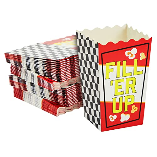 50 Pack Race Car Popcorn Boxes for Birthday Decorations, Checkered Flag 20 oz Buckets for Party Supplies (3 x 6 In)