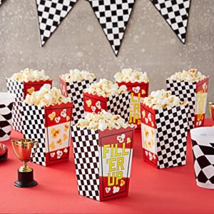 50 Pack Race Car Popcorn Boxes for Birthday Decorations, Checkered Flag 20 oz Buckets for Party Supplies (3 x 6 In)