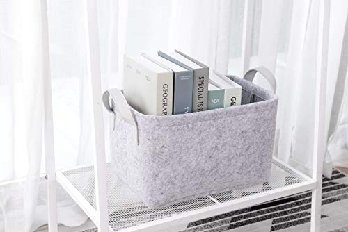 Rhyan Felt Storage Basket/Bin with PU Handles, Collapsible & Convenient Storage Solution for Office, Bedroom, Closet, Toys, Laundry(Light Gray)