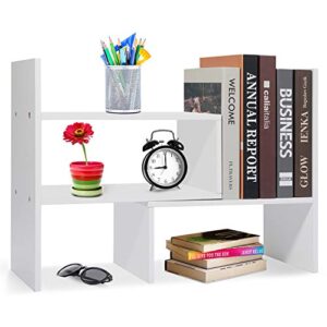 hossejoy wood adjustable desktop storage organizer display shelf rack, office supplies desk organizer,white