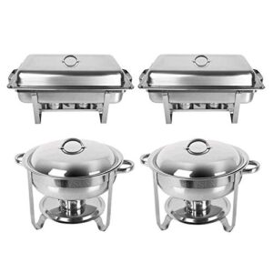 rosvun upgraded stainless steel chafing dish buffet silver round catering warmer set with food and water trays, mirror cover, thick stand frame for kitchen party banquet (2 round+ 2 rectangular)
