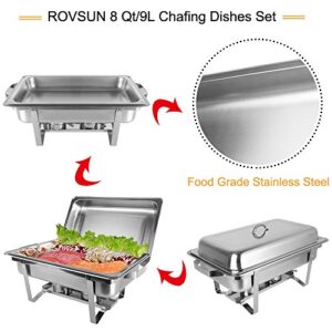 ROSVUN Upgraded Stainless Steel Chafing Dish Buffet Silver Round Catering Warmer Set with Food and Water Trays, Mirror Cover, Thick Stand Frame for Kitchen Party Banquet (2 Round+ 2 Rectangular)