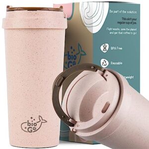 biogo 16oz to go coffee cups reusable - perfect size travel coffee cup with lid, lightweight & sturdy - keeps coffee hot, microwave & dishwasher safe travel mug - ideal for work & driving (pink)