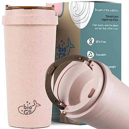 bioGo 16oz To Go Coffee Cups Reusable - Perfect Size Travel Coffee Cup with Lid, Lightweight & Sturdy - Keeps Coffee Hot, Microwave & Dishwasher Safe Travel Mug - Ideal for Work & Driving (Pink)