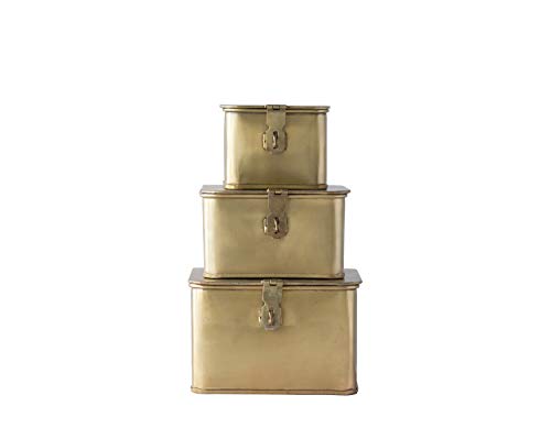 Creative Co-Op Square Decorative Metal Boxes with Gold Finish (Set of 3 Sizes)