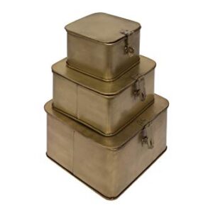 Creative Co-Op Square Decorative Metal Boxes with Gold Finish (Set of 3 Sizes)