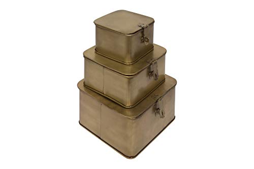 Creative Co-Op Square Decorative Metal Boxes with Gold Finish (Set of 3 Sizes)