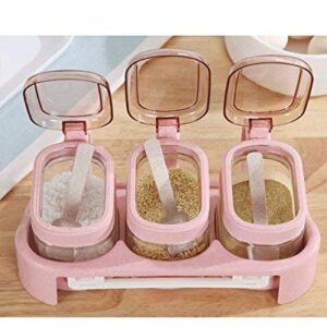 OUTOS Glass Transparent Spice Jar Seasoning Box Set Kitchen Container Tools Condiment Jars Cruet with Cover and Spoon Kitchen Utensils Supplies Salt Cellar with Lid (Pink, 3)(with base)