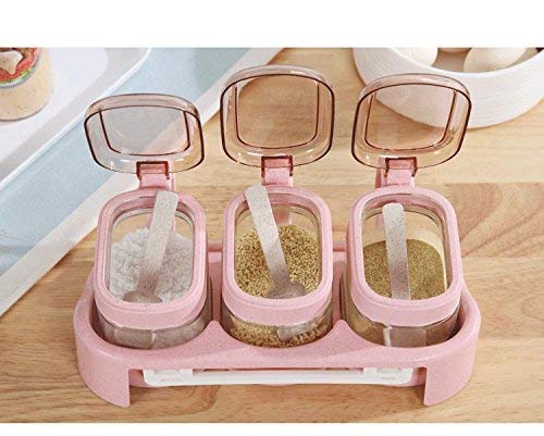 OUTOS Glass Transparent Spice Jar Seasoning Box Set Kitchen Container Tools Condiment Jars Cruet with Cover and Spoon Kitchen Utensils Supplies Salt Cellar with Lid (Pink, 3)(with base)