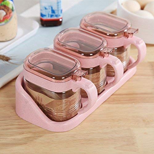 OUTOS Glass Transparent Spice Jar Seasoning Box Set Kitchen Container Tools Condiment Jars Cruet with Cover and Spoon Kitchen Utensils Supplies Salt Cellar with Lid (Pink, 3)(with base)