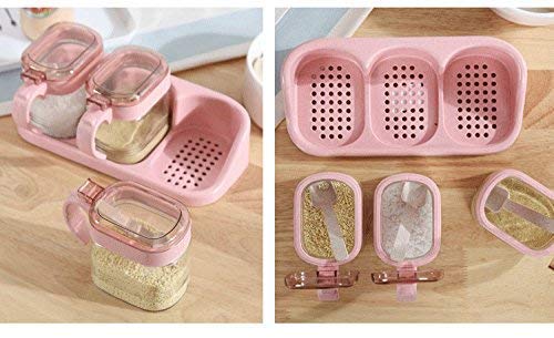 OUTOS Glass Transparent Spice Jar Seasoning Box Set Kitchen Container Tools Condiment Jars Cruet with Cover and Spoon Kitchen Utensils Supplies Salt Cellar with Lid (Pink, 3)(with base)