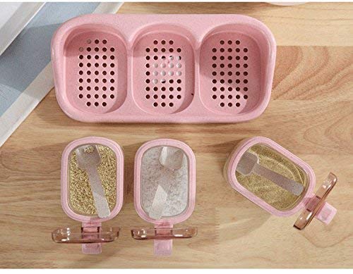 OUTOS Glass Transparent Spice Jar Seasoning Box Set Kitchen Container Tools Condiment Jars Cruet with Cover and Spoon Kitchen Utensils Supplies Salt Cellar with Lid (Pink, 3)(with base)