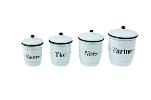creative co-op enameled white canisters with french writing & black rims (set of 4 sizes)