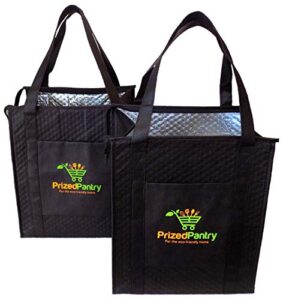 prized pantry 2 pack insulated reusable grocery bags, x-large heavy duty cooler tote bags, premium insulation, bottom support, wrap-around handles, front pocket, zipper, no leak, keeps food hot/cold