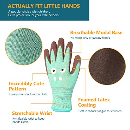 COOLJOB 2 Pairs Modal Toddler Work Gloves Ages 2-5, Rubber Coated Kids Gardening Gloves for Children, Ultra Soft Skin-friendly (Little Monster Series, Small S)