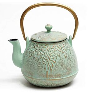 tea kettle, toptier japanese cast iron teapot with stainless steel infuser, cast iron tea kettle stovetop safe, leaf design teapot coated with enameled interior for 32 ounce (950 ml), light green