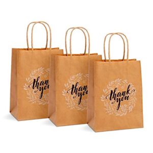 ospecks 50 count small thank you gift bags bulk with handle, brown kraft paper bags for retail shopping, wedding, goodies, merchandise for customers or guests, size 5.25 x 3.75 x 8 inches