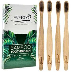 eveeco 4 count i bamboo toothbrush i soft bristles best for sensitive gums i charcoal i vegan i natural wood i bpa fee i recyclable i compostable i biodegradable | environmentally friendly