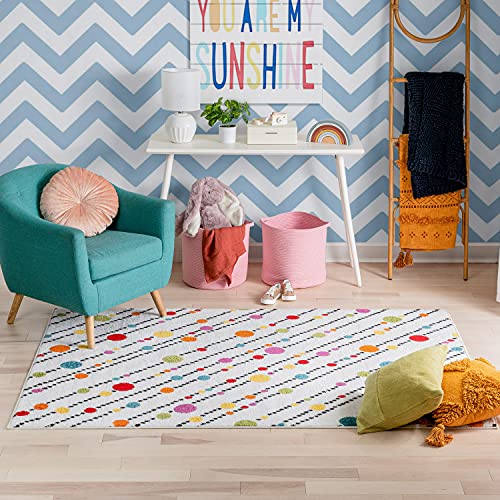 Well Woven StarBright Dandy Dots and Stripes Modern Abstract White 7'10" x 10'6" Kids Area Rug