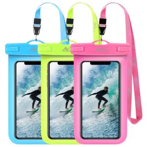 moko waterproof phone pouch holder [2 pack], underwater phone case dry bag with lanyard compatible with iphone 14 13 12 11 pro max x/xr/xs max/se 3, samsung s21/s10/s9/s8 plus, blue+green+pink