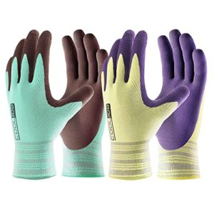 cooljob 2 pairs breathable modal gardening work gloves for women, natural soft stretch base with anti-slip rubber coating, palm dipped gloves for lawn yard patio garden workers, green yellow, medium