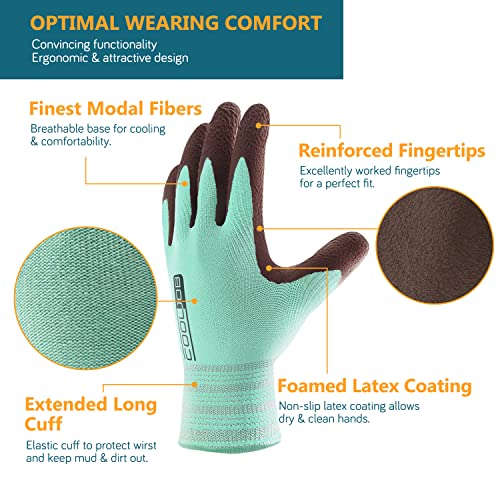 COOLJOB 2 Pairs Breathable Modal Gardening Work Gloves for Women, Natural Soft Stretch Base with Anti-slip Rubber Coating, Palm Dipped Gloves for Lawn Yard Patio Garden Workers, Green Yellow, Medium