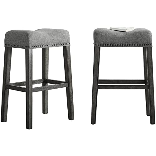 Roundhill Furniture Coco Upholstered Backless Saddle Seat Bar Stools 29" Height Set of 2, Gray