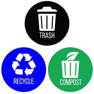 itouchless trash stickers premium vinyl decals for trash can; 3" round waterproof, reusable (set of 3); indoor/outdoor