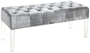 roundhill furniture valley button tufted velvet upholstered bench with acrylic leg, grey