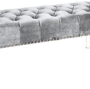 Roundhill Furniture Valley Button Tufted Velvet Upholstered Bench with Acrylic Leg, Grey