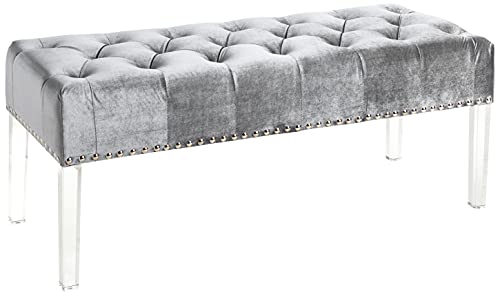 Roundhill Furniture Valley Button Tufted Velvet Upholstered Bench with Acrylic Leg, Grey