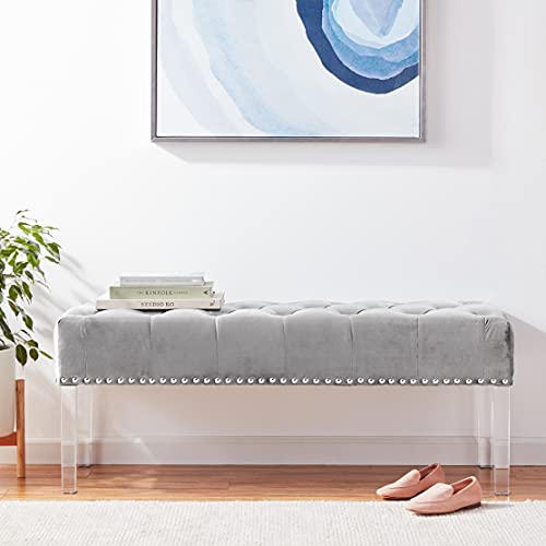 Roundhill Furniture Valley Button Tufted Velvet Upholstered Bench with Acrylic Leg, Grey