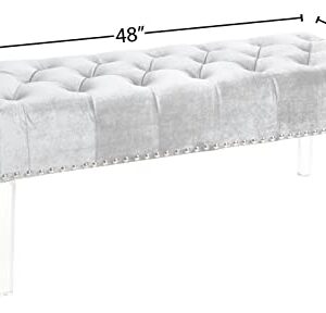 Roundhill Furniture Valley Button Tufted Velvet Upholstered Bench with Acrylic Leg, Grey