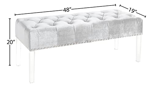 Roundhill Furniture Valley Button Tufted Velvet Upholstered Bench with Acrylic Leg, Grey