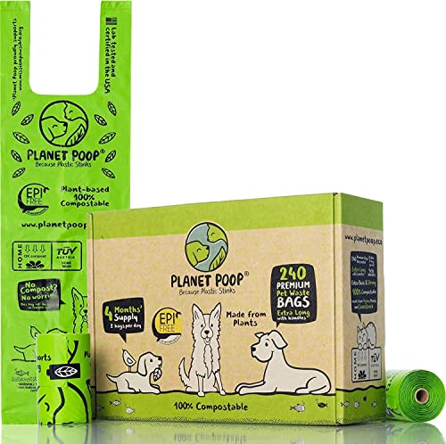 PLANET POOP Home Compostable Dog Poop Bags Extra-long with Handles 240 Un-Scented Pet Waste Bags Plastic Free, Thick Leakproof Plant-Based Doggy Bag, Cats & Dogs Pet Supplies