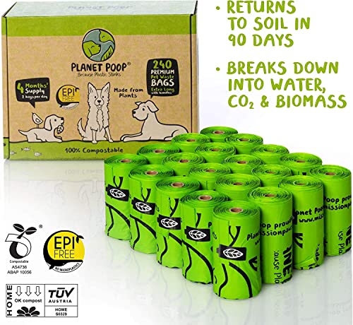 PLANET POOP Home Compostable Dog Poop Bags Extra-long with Handles 240 Un-Scented Pet Waste Bags Plastic Free, Thick Leakproof Plant-Based Doggy Bag, Cats & Dogs Pet Supplies