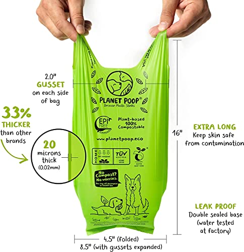 PLANET POOP Home Compostable Dog Poop Bags Extra-long with Handles 240 Un-Scented Pet Waste Bags Plastic Free, Thick Leakproof Plant-Based Doggy Bag, Cats & Dogs Pet Supplies