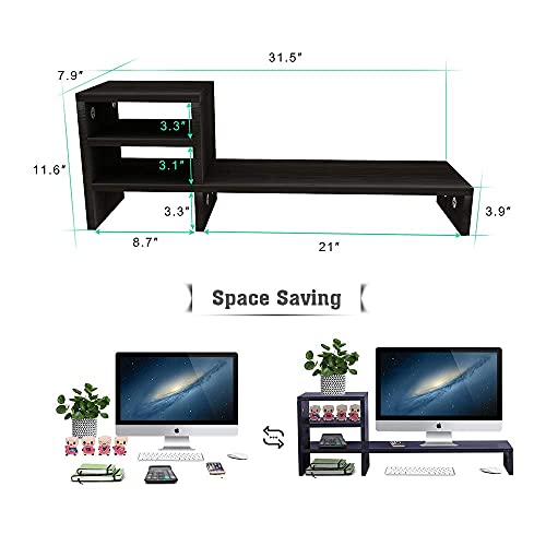 Ufine Wood Monitor Stand Riser with 3-Tier Storage Shelf 31.5 inch Desktop Organizer Computer Laptop PC Printer Telephone Stand for Office Dorm Home, Space Saving Black