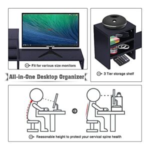 Ufine Wood Monitor Stand Riser with 3-Tier Storage Shelf 31.5 inch Desktop Organizer Computer Laptop PC Printer Telephone Stand for Office Dorm Home, Space Saving Black